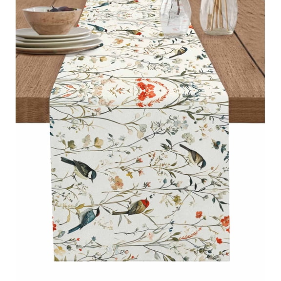 Pastoral Botanical Table Runner 36 Inches, Country Summer Birds Spring Floral Bed Runner Dresser Scarves Tabletop for Indoor Outdoor Parties/Ceremony/Banquet, 13"x 36"