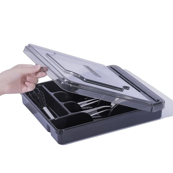 Silverware Drawer Organizer with Lid 5-Slot Utensil Organizer for Kitchen Black