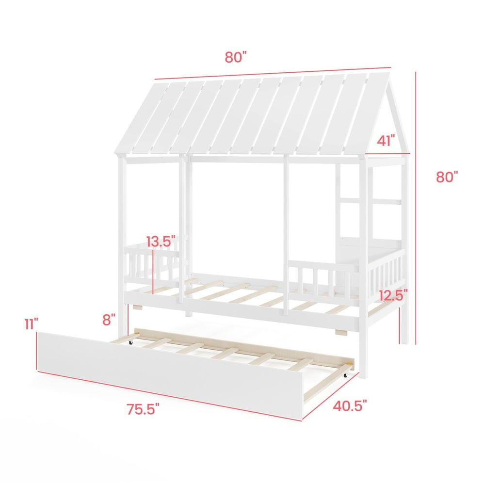 Barara King Twin Size Bedroom Trundle Bed Frame with Roof Window, Bed Platform Frame for Bedroom, Apartment, White