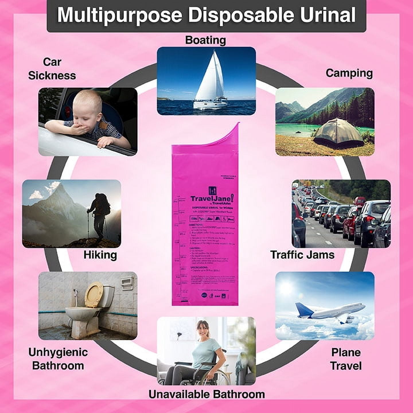 TravelJane Disposable Urinal for All Genders, Adults, and Children (6 Pack) Designed for Emergencies, Travel, Camping, Long Car Rides and more - 28oz/800ml capacity (TJ1R-C)