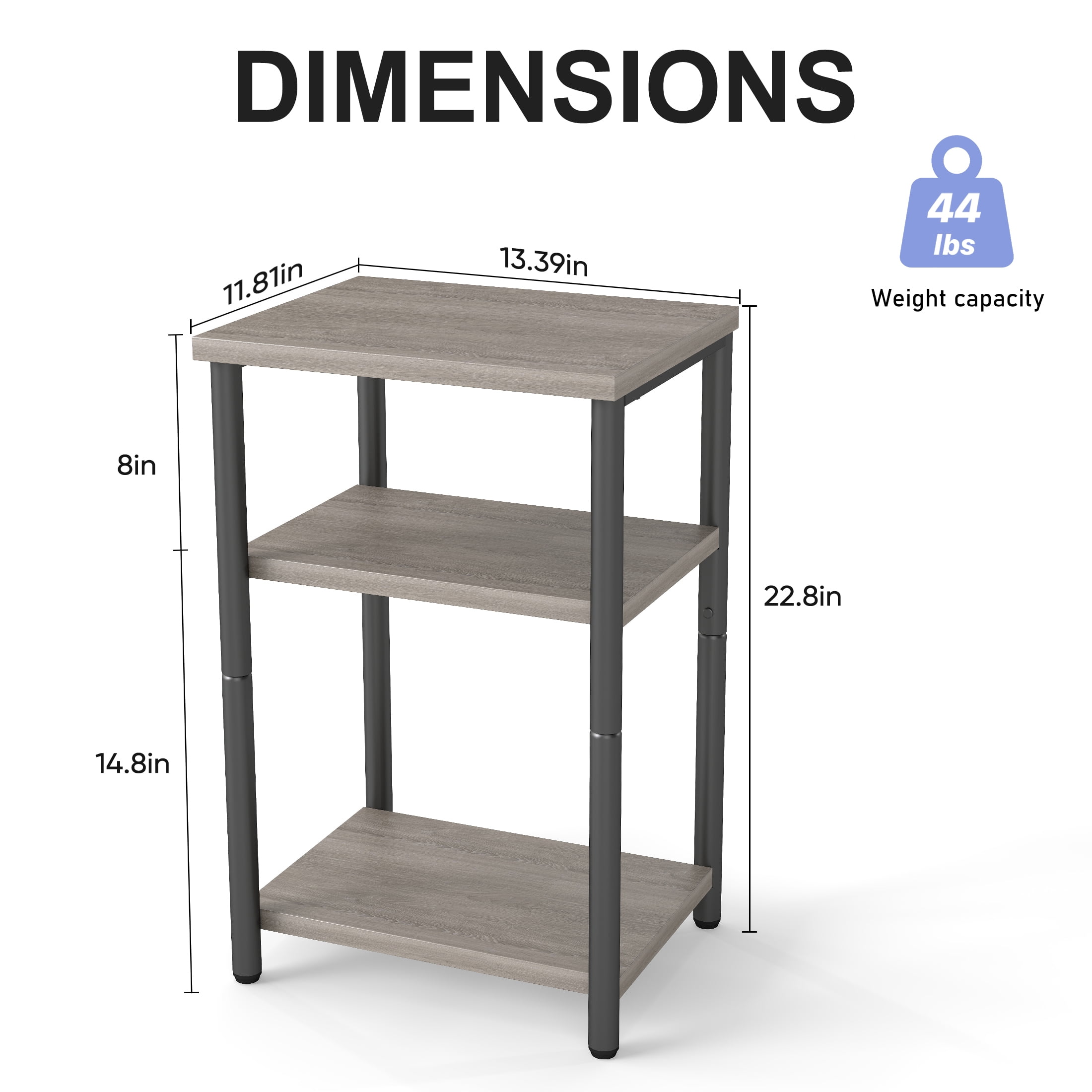 edx 3-Tier End Table, Nightstand, Storage Shelf for Living Room, Bedroom, Grey,11.81"W x 13.39"D x 22.8"H