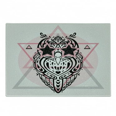 Owl Print Cutting Board, Funny Contemporary Art Star Eyed Bird on Triangles, Decorative Tempered Glass Cutting and Serving Board, in 3 Sizes, by Ambesonne