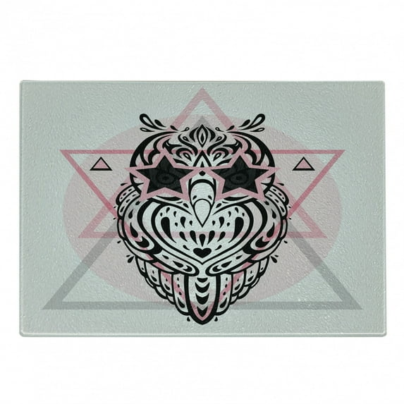Owl Print Cutting Board, Funny Contemporary Art Star Eyed Bird on Triangles, Decorative Tempered Glass Cutting and Serving Board, in 3 Sizes, by Ambesonne