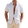 thumbnail image 2 of Men's Solid Color Short Sleeve Stand Collar Button Cardigan, Casual Beach Shirt, Lightweight Crinkle Fabric Top for Resort Wear, Vacation and Warm Weather Outings White XL, 2 of 9