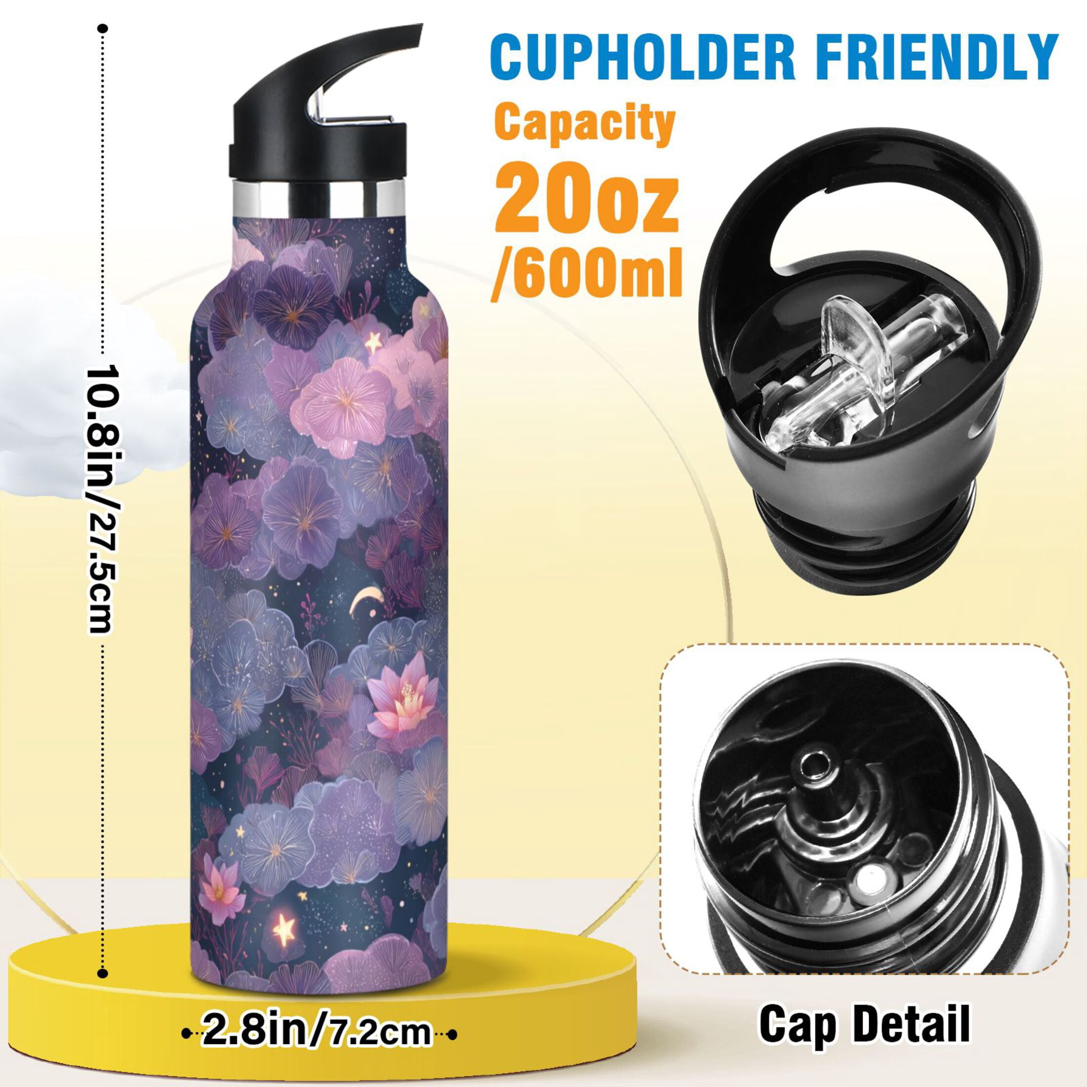 600ML Stainless Steel Insulated Cup Sports Water Bottle Portable Thermos Cup Water Glasses Insulated Tumblers Convenient and Durable Purple Beautiful Flowers