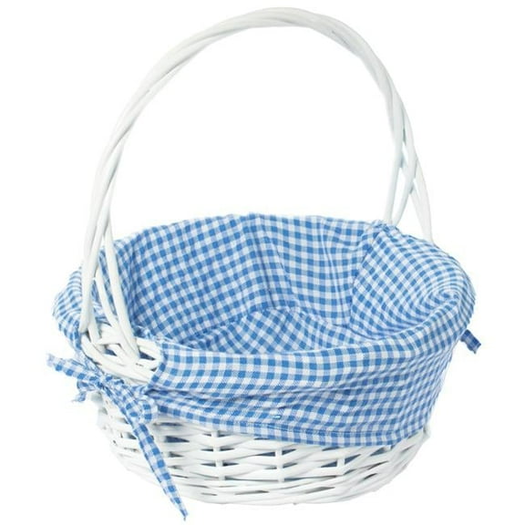 11 x 8.5 in. Round Willow Gift Basket with Blue Gingham Liner & Handle, White - Small