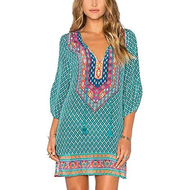 Women Bohemian Neck Tie Vintage Printed Ethnic Style Summer Shift Dress (M,  Pattern 18) - Walmart.com