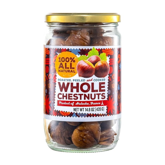 Gourmanity Chestnut Jar, Chestnuts From Ardeche, France, Whole Roasted Chestnuts Peeled and Ready to Eat, Great for Cooking, Baking & Healthy Snacking, Kosher, Non Gmo and Gluten Free, 14.8 oz