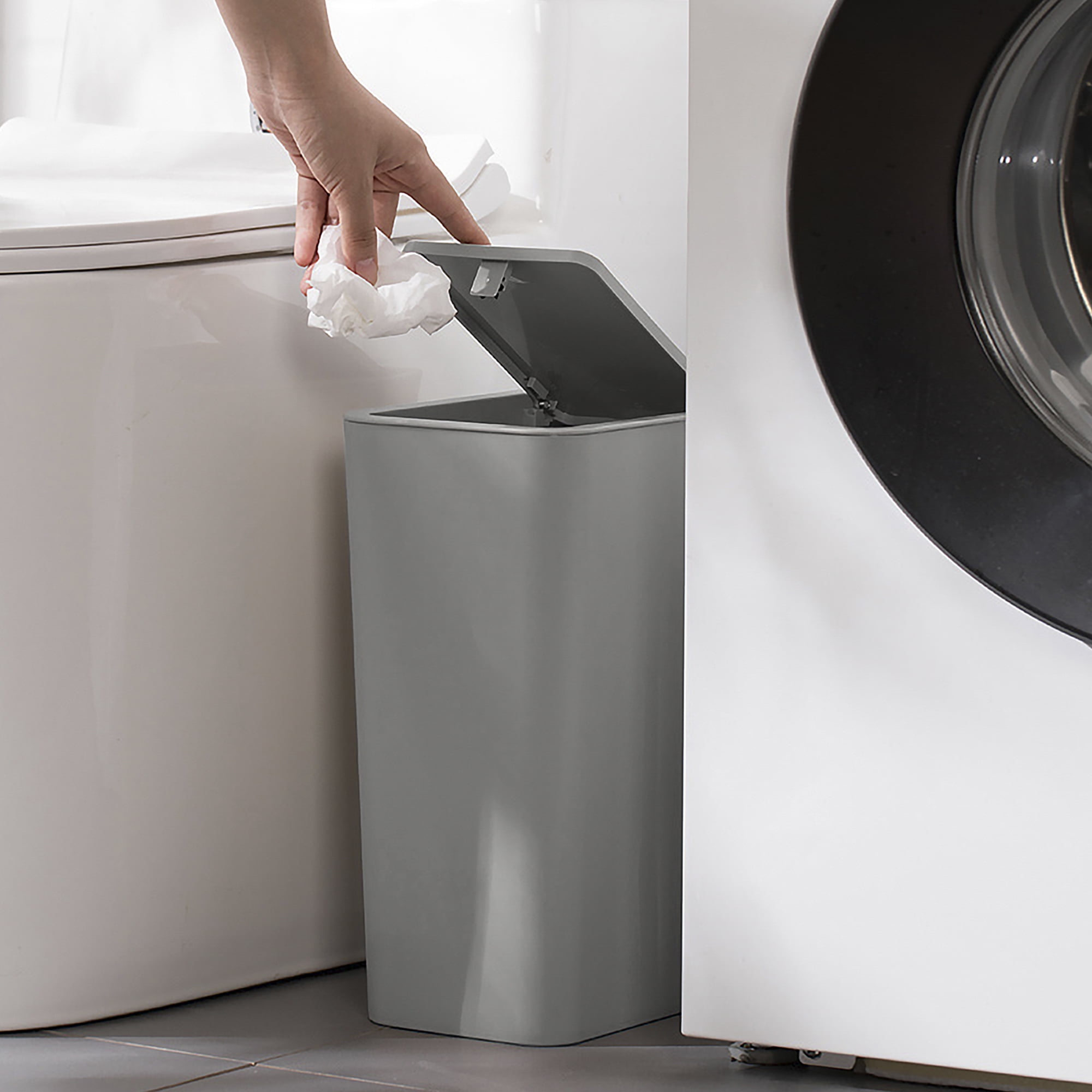 3 Pack Slim Plastic Trash Can, 2.6 Gallon Garbage Can with Press Top Lid, Modern Waste Basket for Bathroom, Gray