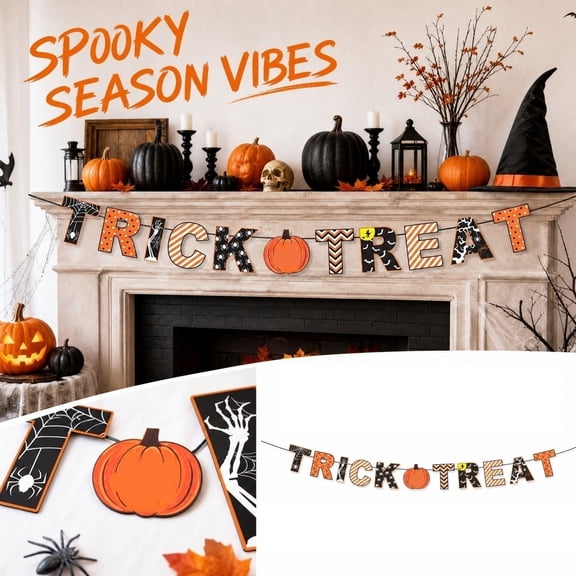 Halloween Hanging Pull Flag, Halloween Decorations Party, Pumpkin Decorations, Web Decoration, Halloween Ghost Decorations, Trick Or Treat Letter Banner with Interchangeable