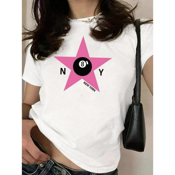 Women Star Tee White S-5XL Letter Print Round Neck Short Sleeve Cotton T-Shirt Top Casual Summer Wear