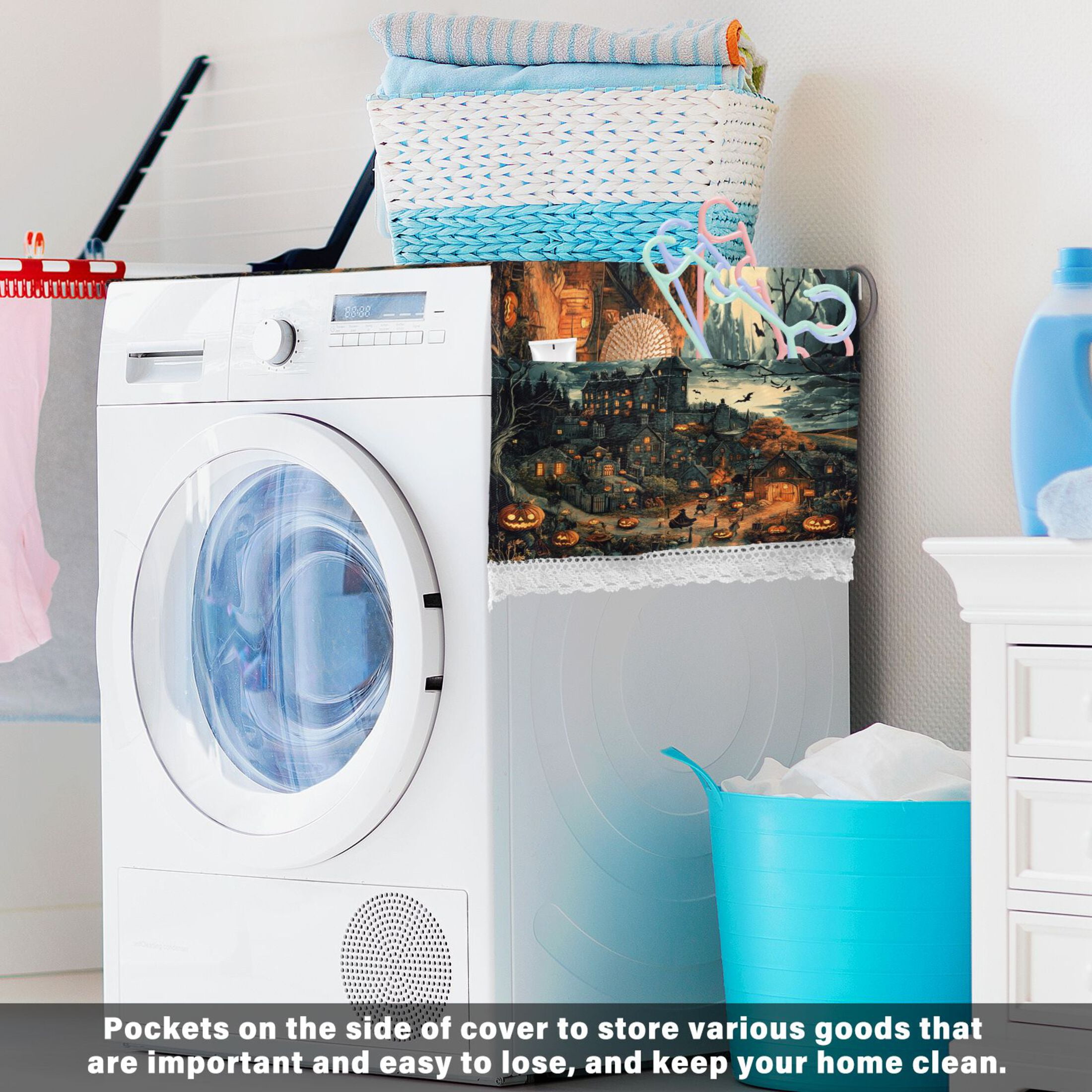 Pumpkinhead CastleWasher and Dryer Covers Dust-Proof and Oil Resistant Fridge Cover with 4 Storage Pockets Washing Machine Top Cover for Laundry Kitchen Home 51.2 x 22 In