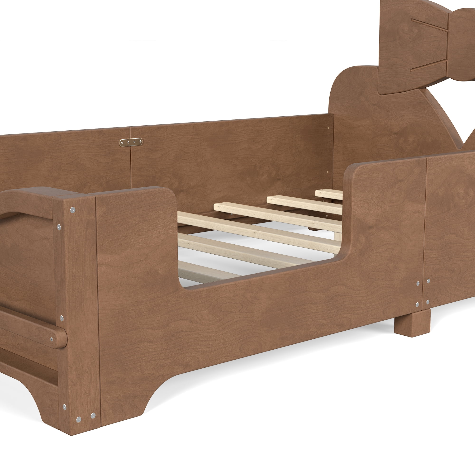 Twin Size Kids Platform Bed 78 Inch, Bowknot Headboard with Surround Guardrails and Built In Bookshelf, No Box Spring Needed, Deep Natural