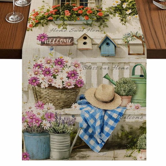 Table Runners 72 Inches Long Dress Scarves, Spring Daisy Farmhouse Kitchen Table Runner, Coffee Tablerunners, Flowers Farmhouse Leaves Floral Pots Country Retro 13x72 Inch