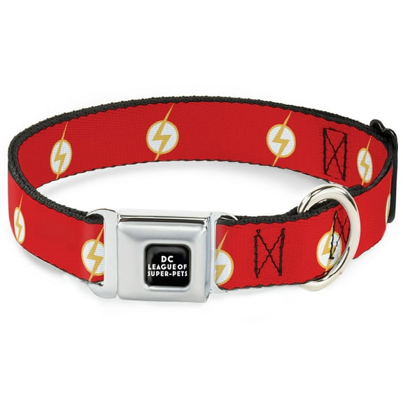 DC Comics Pet Collar, Dog Collar Metal Seatbelt Buckle, DC League of Super Pets Flash Bolt Logo Red Yellow White, 9.5 to 13 Inches 1.0 Inch Wide