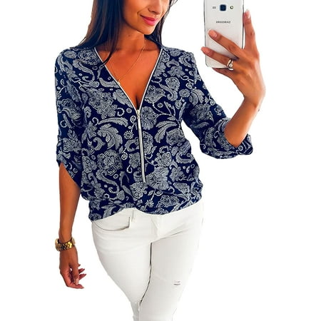 

PIKADINGNIS Womens Floral Printed Chiffon Blouses 3/4 Roll Up Cuffed Sleeve Zip Up T-Shirt V Neck Shirts for Women Tunic Tops