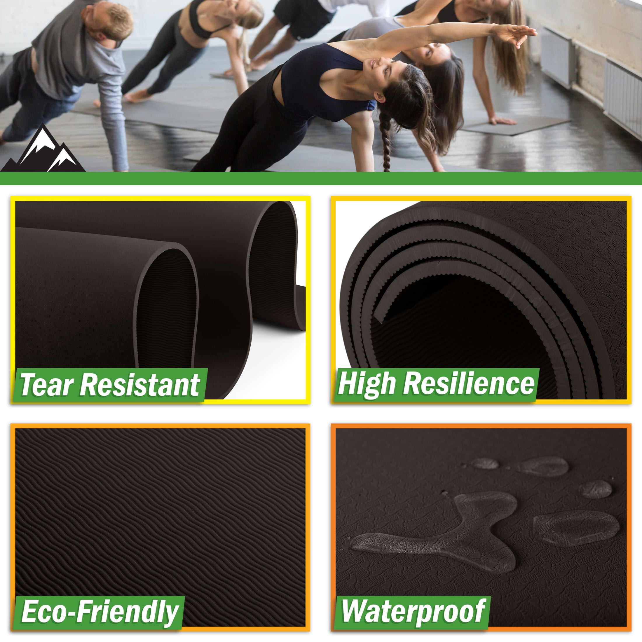 Wakeman Large Yoga Mat - 6’x4’ 8mm Thick Non-Slip Wide Exercise Mat, Black