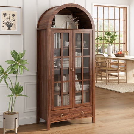 70'' Tall Arched Bookshelf with 5 Tier Shelf and Doors, Wood Bookcase Cabinet for Bedroom, Living Room