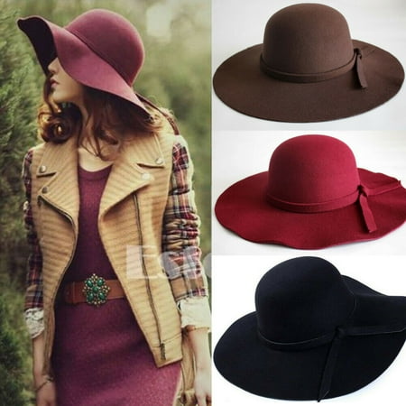Brimmed Cloche - Sun Vintage Women's Floppy Bowknot Cloche Cap Wide Brim Wool Felt Bowler Fedora Ladies Holiday Outdoor Hat