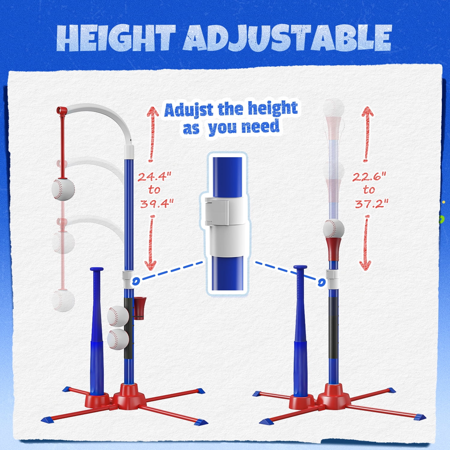 JoyStone 3-in-1 Baseball Set for Kids, Tee Ball Stand, Hanging Tee, Ball Launcher and 4 Softballs - Adjustable Height Baseball, Indoor/Outdoor Sports Gifts for Boys