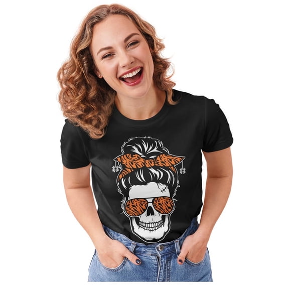 Skull Graphic Short Sleeve Tops Funny Halloween Tee Mama Shirts Women T-Shirt Small Black