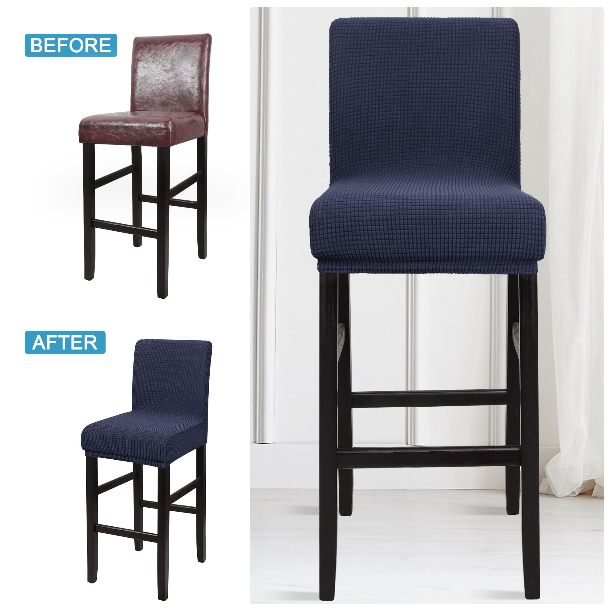 Unique Bargains Polyester Stretch Bar Stool Covers Elastic Band Mid Back Chair Slipcover Navy 4 Pcs