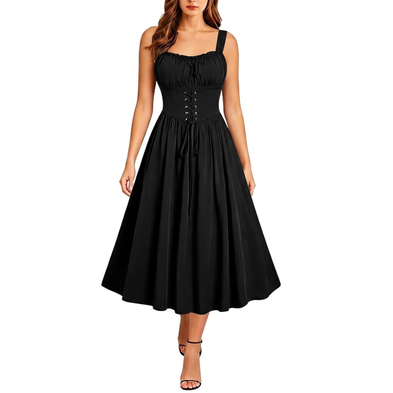Qolati Halloween Dresses for Women Renaissance Corset Midi Sundress Ruched Neckline Pleated Flowy A-Line Graduation Cocktail Party Dress Black XXL