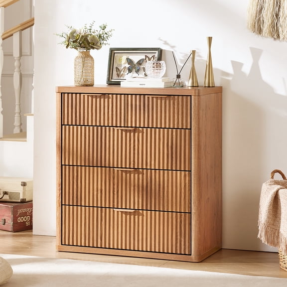 LEYAOYAO Brown Fluted Dresser of 5 Drawers, Dresser Chest with Easy Pull Metal Handles for Bedroom, Living Room