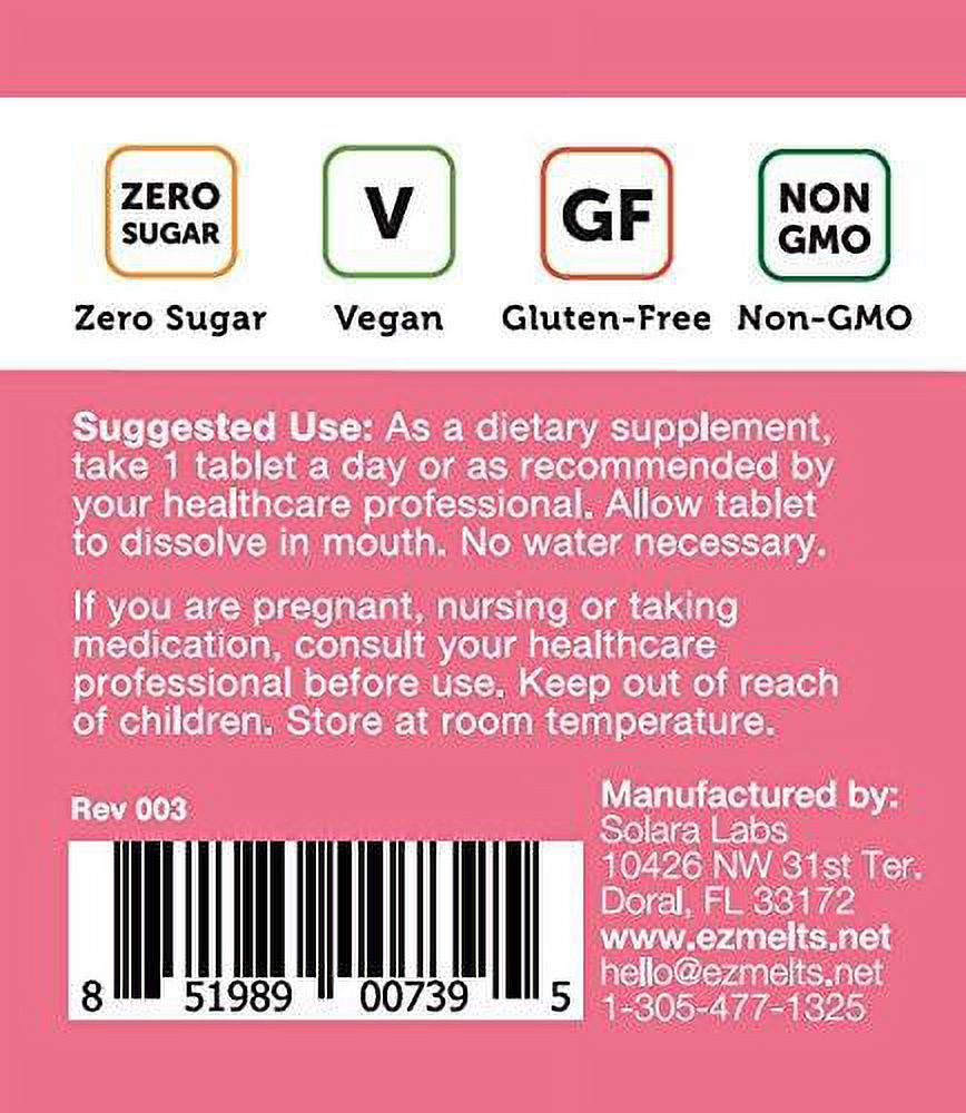 EZ Melts Biotin for Hair, Skin, Nails, 5,000 mcg, Sublingual Vitamins, Vegan, Zero Sugar, Natural Strawberry Flavor, 90 Fast Dissolve Tablets - image 4 of 6