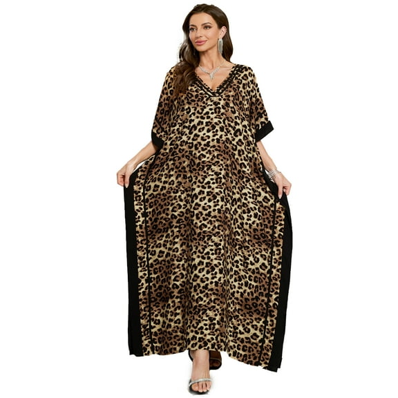Womens Leopard Print Kaftan Dress V Neck Batwing Sleeve Loose Maxi Long Boho Caftan for Beach Vacation Party