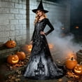 thumbnail image 2 of Women Halloween Witch Maxi Dress, Long Sleeve V Neck Lace Cuff A Line Floor Length Dress, Gothic Haunted House Printed Evening Party Dress, 2 of 6