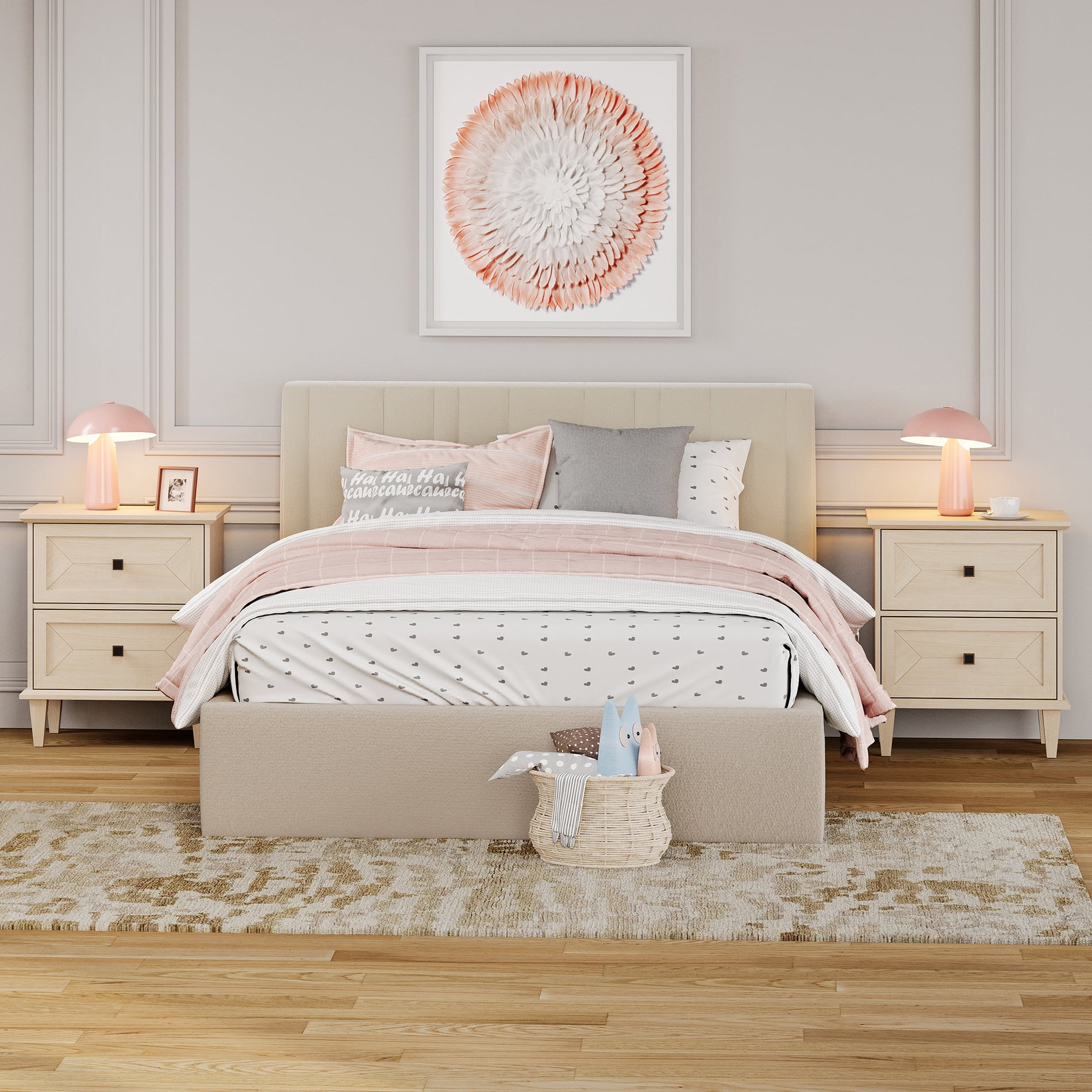 WAMPAT Handmade Patchwork 2-Drawer Nightstand Set of 2 with Charging, Beige