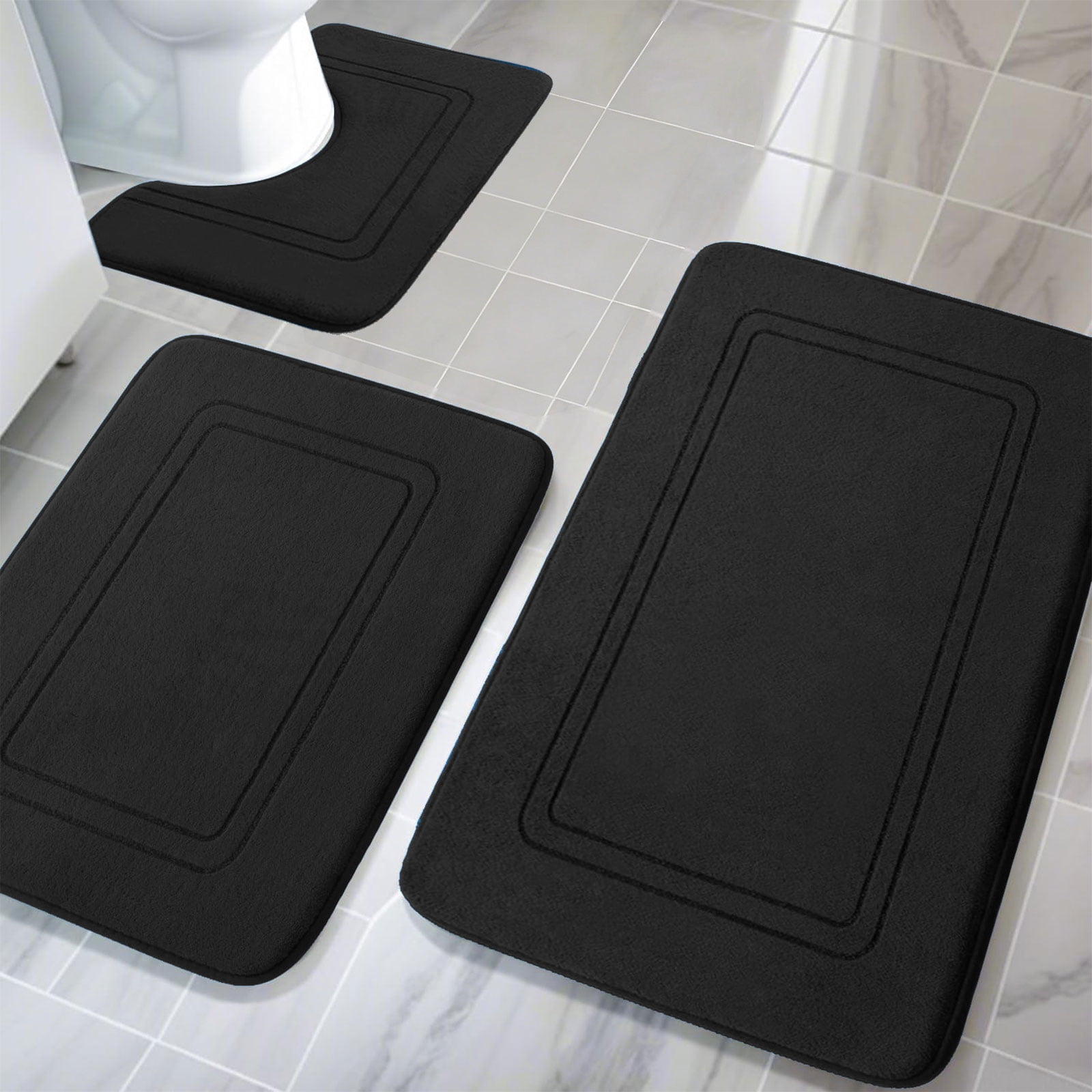 Tripumer 3 Pcs Black Memory Foam Bath Mat Set Bathroom Rugs Set U Shape Toilet Mats for Toilet Shower Sink
