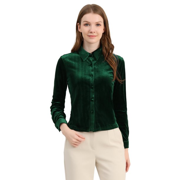 Blusas De Terciopelo De Manga Larga Con Botones Para Mujer Verde M