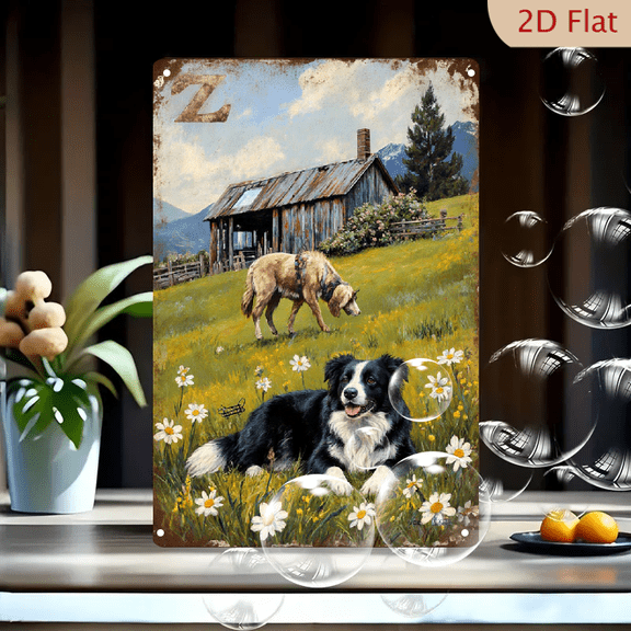 Rustic Vintage Farm Scene Wall Art, 8x12 Inch Metal Print Featuring Happy Border Collie and Grazing Horse in Pastoral Countryside with Barn and Mountains, Serene Nostalgic Country Decor for Living Ro