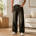 thumbnail image 3 of GZMOALH Men's Vintage Wide Leg Jeans, Relaxed Fit Straight Leg Denim Pants with Pockets for Casual Everyday Wear, 3 of 9