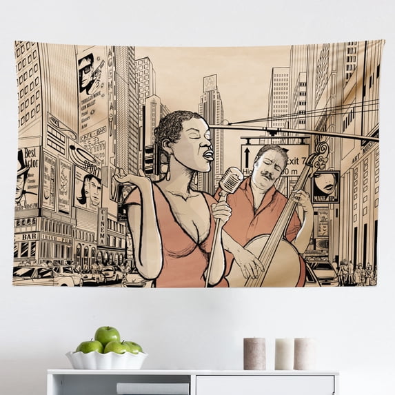 Jazz Music Tapestry, Illustration of Musical Instruments Sketch Style Art Trumpet Piano Guitar, Fabric Wall Hanging Decor for Bedroom Living Room Dorm, 2 Sizes, Beige Black, by Ambesonne