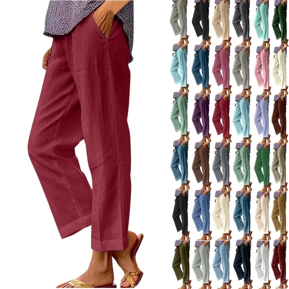 Cotton and Linen Casual Pants for Womens Plus Size Solid Color Elastic Waist Versatile Straight Tube Casual Wide Leg Pants Up to 65% off!