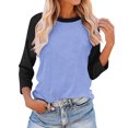 thumbnail image 1 of Plebaso Chemises à Manches 3/4 pour Femmes Col Rond Tops à Blocs de Couleur Décontractés Amples Blouses pour Femmes, 1 of 4