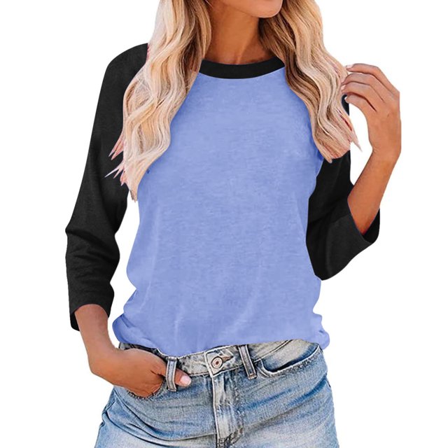 Plebaso Chemises à Manches 3/4 pour Femmes Col Rond Tops à Blocs de Couleur Décontractés Amples Blouses pour Femmes