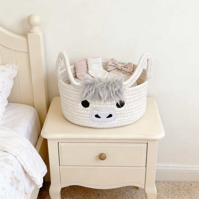 Highland Cute Cow Basket,Small Woven Rope Shower Gift Basket,Woven Storage Basket with Handle,Round Woven Rope Cotton Storage, Baby Blanket 0rganizer Blanket Towel Decor Storage Bins