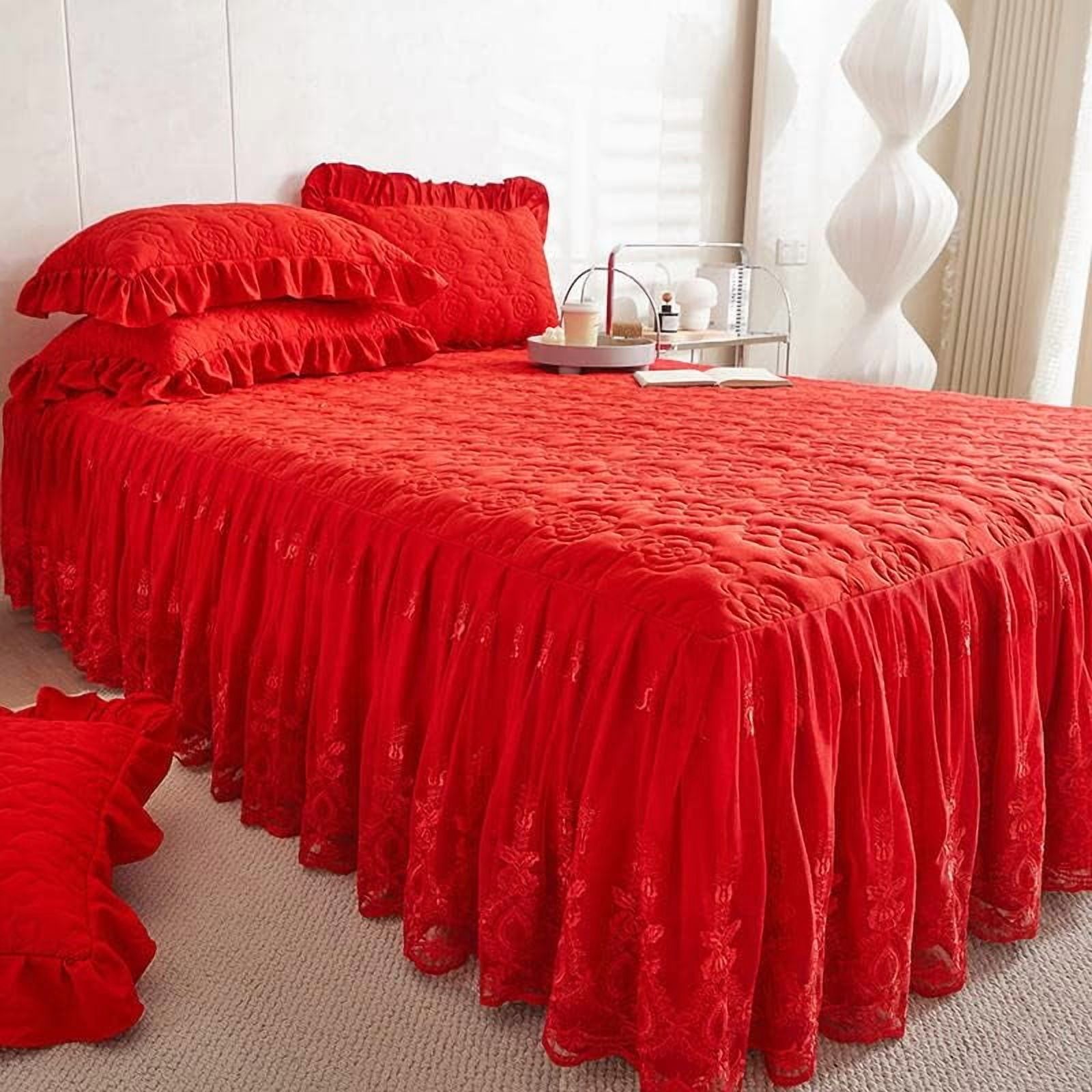 Flower Pattern Quilted Brocade Cotton Bedspread with Lace Ruffled Bed Skirt, Queen Size, Light Turquoise