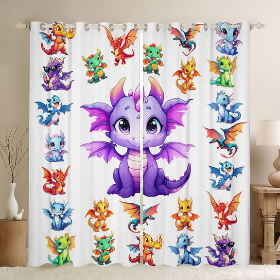 Feelyou Cute Kawaii Flying Dragon Black Out Curtains for Kids Boys Girls, Cartoon Wildlife Curtains Pack of 2 (42x63 Each), White Purple