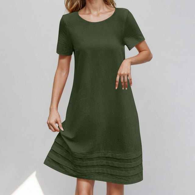 Robes de Plage pour Femmes 2025 Robe d'Été en Coton et Lin à Manches Courtes Col Rond Plissé avec Ourlet Jupe Longue