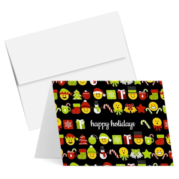 2025 Happy Holidays Greeting Cards – Funny & Cute Emoji Pattern, Blank Fold Over Cards for Christmas & New Year’s | 4.25 x 5.5” When Folded (A2 Size) | Bulk Set of 25 Cards & 25 Envelopes