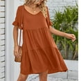 thumbnail image 4 of Summer Dress, Casual V Neck Ruffle Short Sleeves Pleated Dress Loose Midi Long Dresses For Women Casual Plus Size Dresses Curvy Green Going Out Dresses Wedding Dresses (M, Coffee) ZMTing, 4 of 5