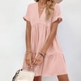 thumbnail image 4 of Dpytoraw Women's Ruffles Fresh And Sweet V Neck Solid Color Large Swing Casual Skirt Dress, 4 of 4