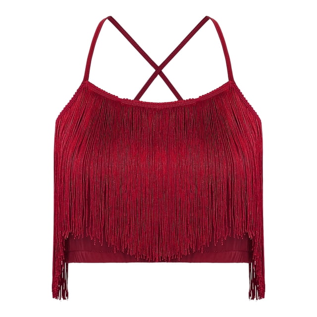 HULIJA Haut de Danse Latine à Franges pour Femmes, Hauts de Danse Moderne, Salsa de Salon, Chemisier de Danse Cha-Cha, Rouge m