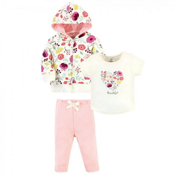 Touched by Nature Baby and Toddler Girl Organic Cotton Hoodie, Bodysuit or Tee Top, and Pant, Botanical Toddler, 2 Toddler