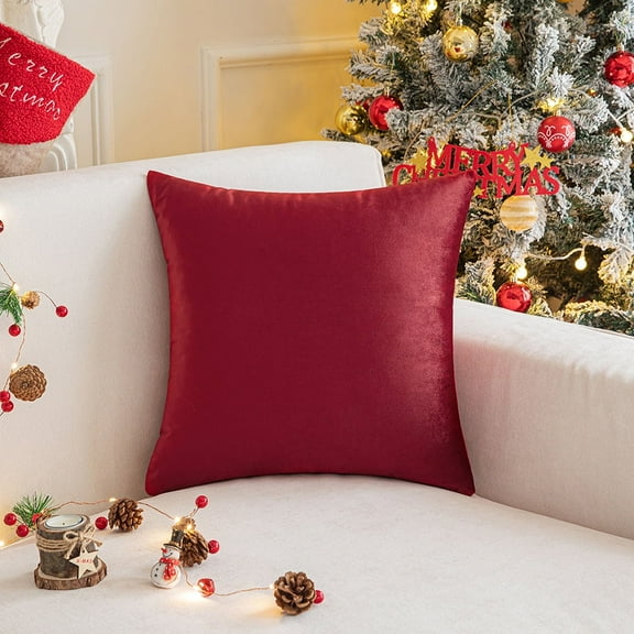 Cterwk Velvet Solid Color Pillow Covers Decorative Square Pillowcase Christmas Soft Cushion Case for Sofa Bedroom Car, 18x18inch, Red